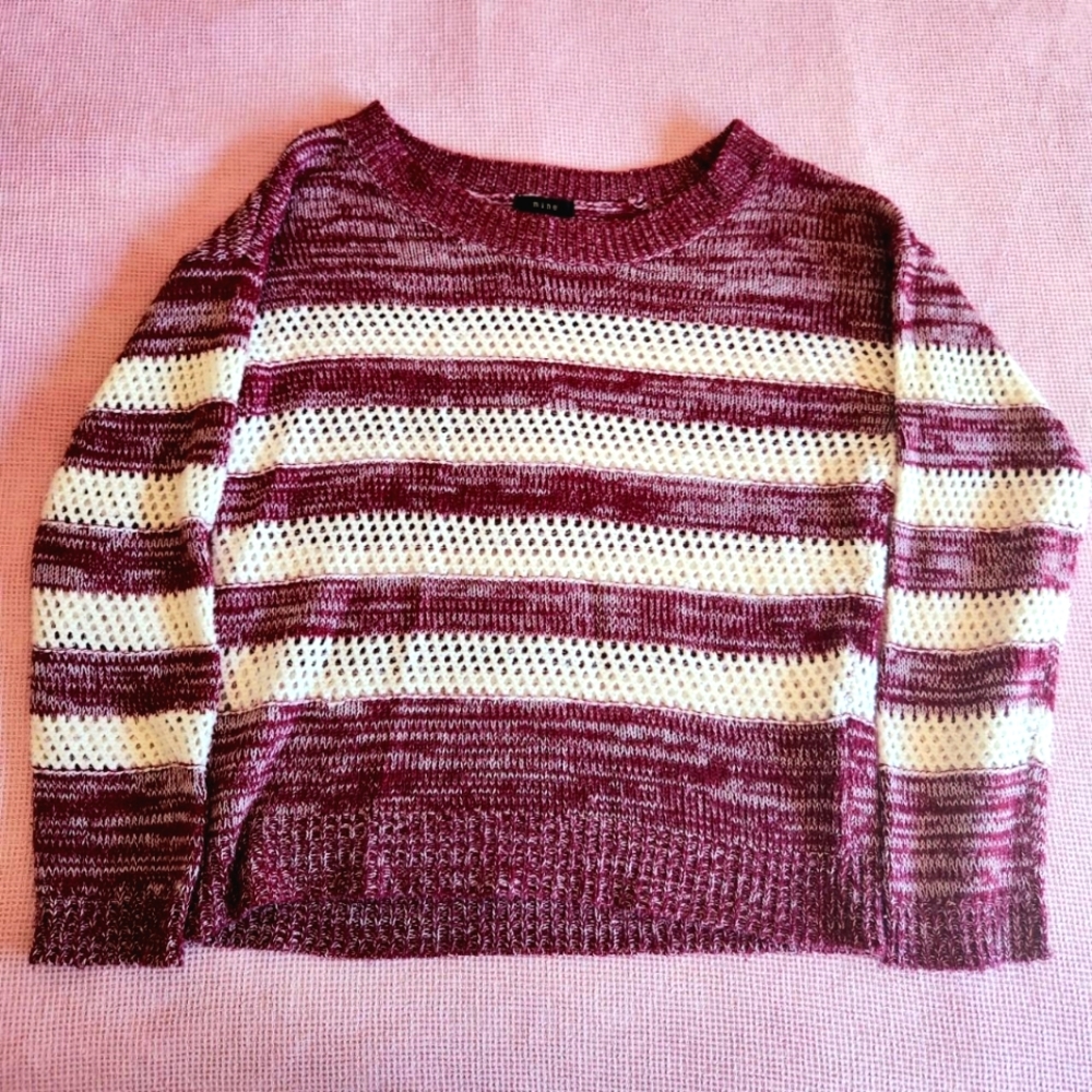 Y2K Striped Mesh Knit Burgundy Red & White Sweater